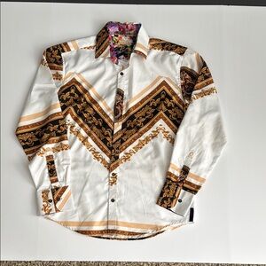 White and Brown Casual Button Down Shirt with Chevron Design